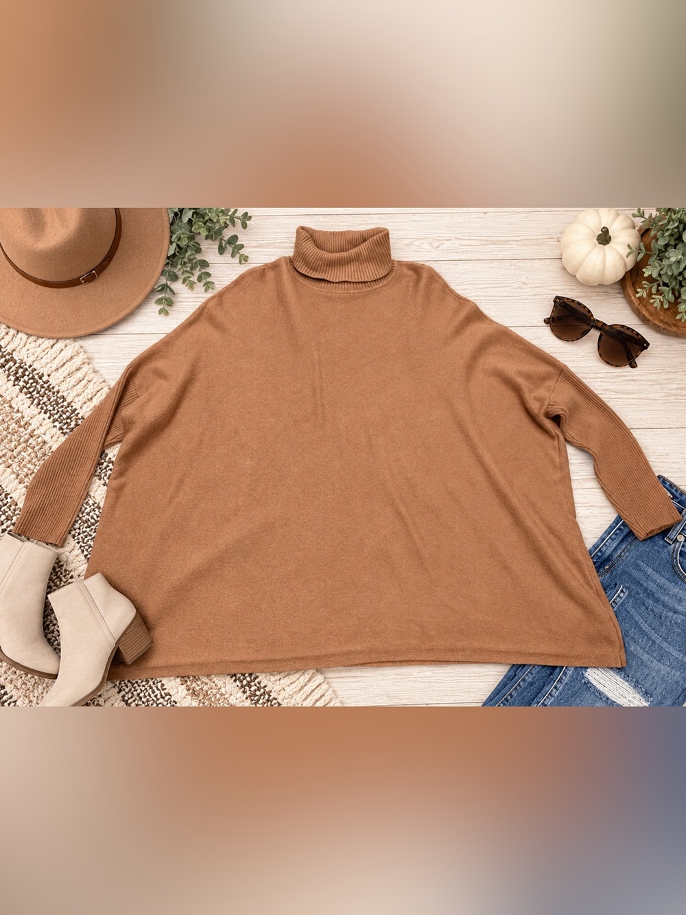Joseph A Camel Brown Turtleneck Poncho Sweater XL Oversized Knit